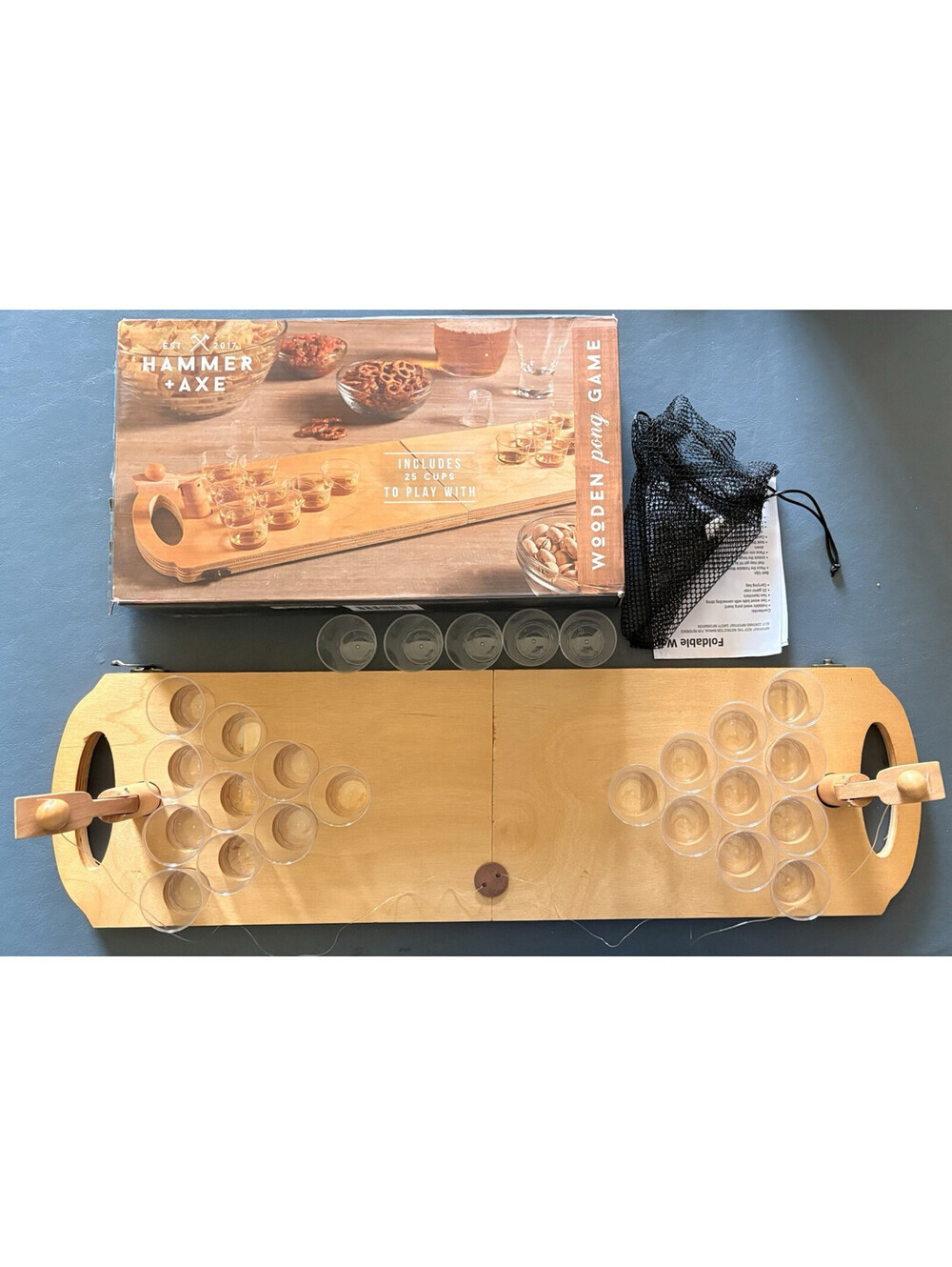 Hammer + Axe Wooden Pong Drinking Game Folding Board Set w/ 25 Cups, 2 Balls